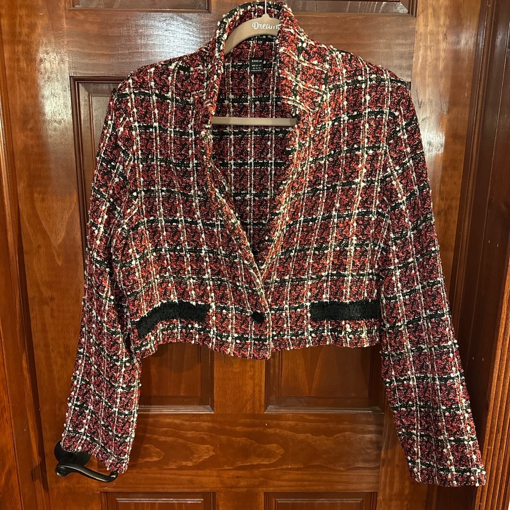 Women's Tweed Cropped Jacket - Red and Black